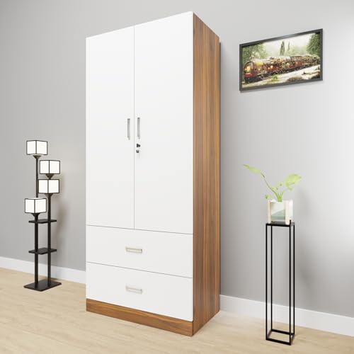 Image of VIKI Wardrobe | Wooden Almirah for Clothes,Door for Bedroom, 2 Door Wardrobe with Drawer & Hanging Space (Brussel Walnut, White - 40D x 80W x 180H) | 1 Year Warranty | Free Assembly