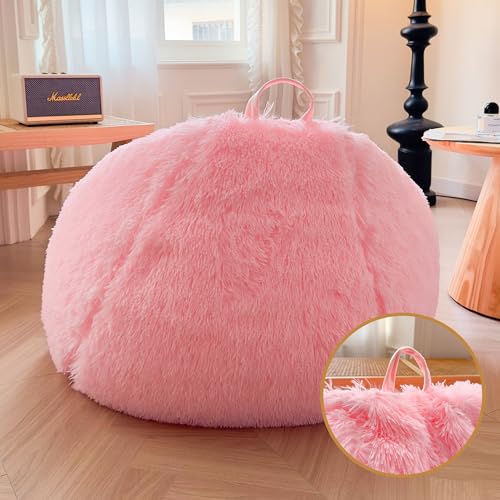 XeGe Faux Fur Comfy Bean Bag Cover for Living Room(No Filler), Fluffy Stuffed Animal Storage Bean Bag Chair Cover Home Decor, Furry Fuzzy Big Gaming Beanbag Cover Adults Kids Girls, Anti-slip, Pink
