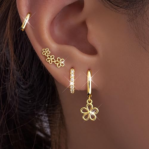 Image of Small Gold Huggie Hoop Earrings Set for Women Men Hypoallergenic 14K Plated Stack Cartilage Earrings, Sterling Silver Multiple Piercing Lightweight Mini Thin Cute Dainty Trendy Jewelry Gifts for Women