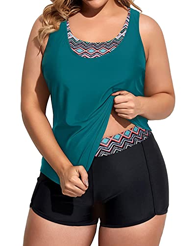 Image of Holipick Women Plus Size Swimsuits - Athletic 3 Piece Tankini with Shorts | Sports bikini top, high waist shorts, tank top, removable pads. Athletic style for water activties