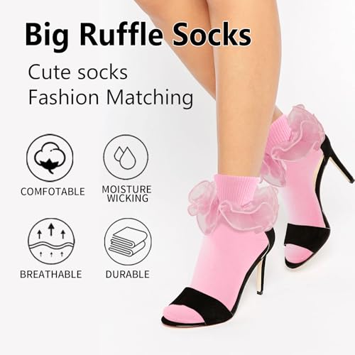 Image of Women Big Ruffle Ankle Socks Adult Double Lace Frilly Turn Cuff Dress Socks Cotton Cute Fancy Bobby Crew Socks