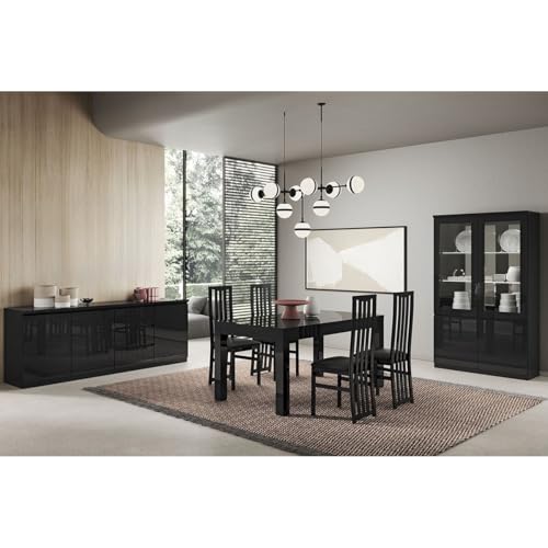 AltoBuy DEYTON - Ensemble Séjour Complet Laqué Noir Table 190cm + Buffet + Vitrine avec LEDs