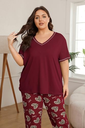 Image of Vozanet Women's Plus Size Pajama Sets Short Sleeve Long Pants Solid Color with Piping Trim Elegant Loungewear Cozy Sleepwear