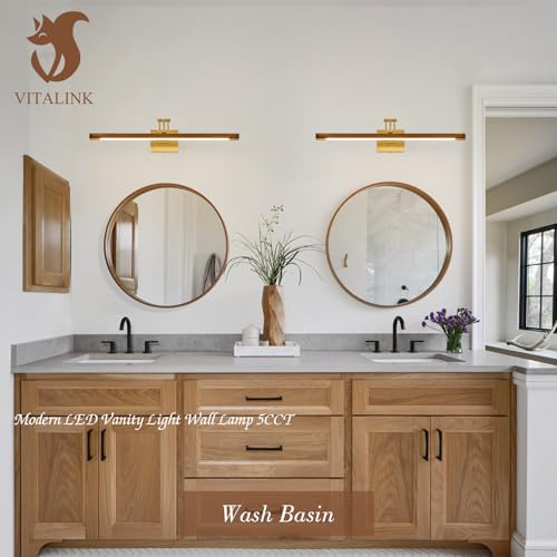 Image of VitaLink Picture Lights for Wall, Hardwired 27.5 inch Long Gold Wall Picture Artwork Paintings Display Lighting Swing Arms Wooden Wall Lamp Bathroom Vanity Light Dimmable 5CCT