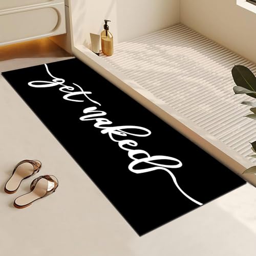 MUGINYU Get Naked Long Black Bathroom Rug Funny Quick Dry Bath Mat Absorbent Non-Slip Thin fit Under Door Diatomite Stone Bathroom Runner Rug for Floor Mats with Rubber Backing