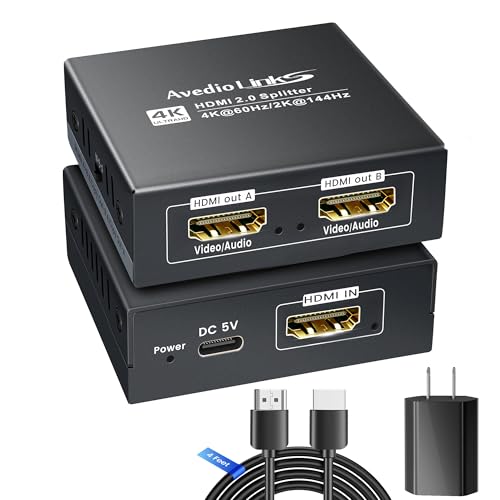 HDMI Splitter 1 in 2 Out 4K@60Hz w/ 4ft HDMI Cable, HDCP Bypass HDMI Audio Splitter for Soundbar, Support Dobly Vision/Atmos 7.1ch,Down Scaler 4K 1080P Sync, 2K@144Hz,Work for Firestick, PS4/5, Roku