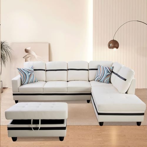 Image of L-Shaped 3-Piece Semi PU Synthetic Leather Sofa with Storage Ottoman Set, Sectional Couch Sofa Set for Living Room, Office, Small Space, White and Black-1