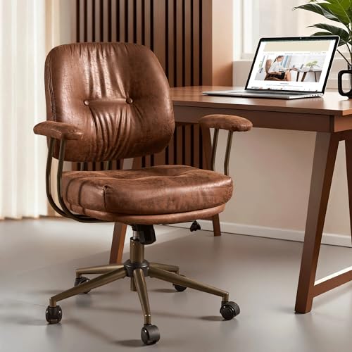 Image of ovios Ergonomic Office Chair, Mid Back Faux Leather Executive Chairs with Thick Cushion, Comfy Mid-Century Modern Swivel Rolling Computer Armchair (Dark Brown, Suede Leather)