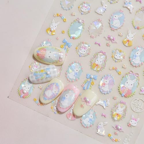 Image of Rabbit Nail Art Sticker Easter Nail Decals Cartoon Nail Stickers for Nails Art Self Adhesive 5D Embossed with Pearl Design Nails Charm for Women DIY Manicure Supplies