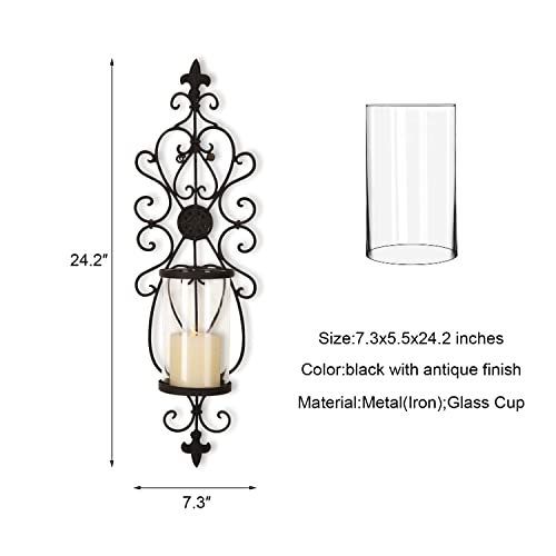 Decent Home Set Of 2 Candle Holder Sets Hurricane Pillar Candle Sconce Wall Mounted Metal & Glass Decor For Living Room (Black) #TOP4