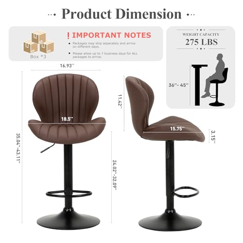 Image of COLAMY Bar Stools Set of 6, Modern Swivel Bar Chairs, Adjustable Faux Leather Upholstered Barstools Counter Height with High Backrest for Bar, Kitchen Island, Dining Room, Brown