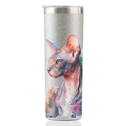 Onebttl Sphynx Cat Gifts for Women Silver Glitter 20 oz Skinny Tumbler