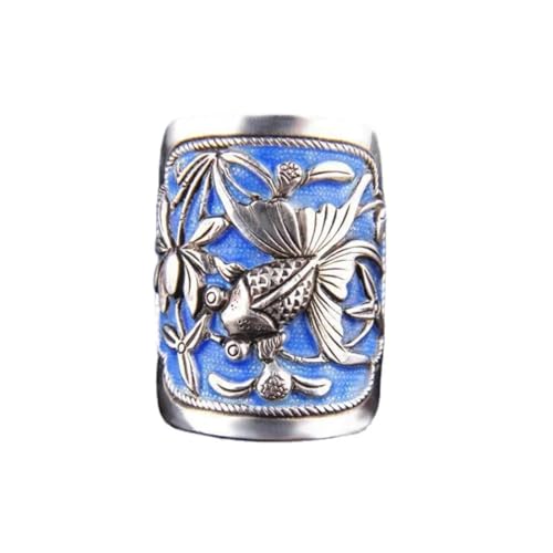 Bague fleur de lotus bleu pour femme au fini rétro et anneau large travaillé