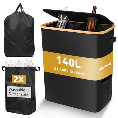 Bourske Recycling Bottle Bins, 140L Large Deposit Bottle Collector Bin with Dual Compartment and Lid, Empty Bottle Storage Collector with 2 Reusable Carrying Bag for Home