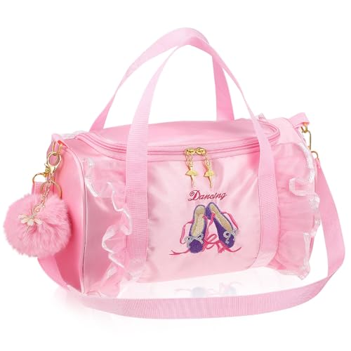 JECOMPRIS Bolsa de Baile para Niña Rosa con Gran Capacidad y Cierre Suave, Bolso Bordado con Llavero de Pompón de Peluche Adecuado para Clases y Presentaciones de Ballet