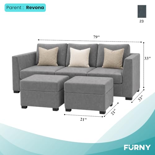 Image of FURNY Revona 5 Seater L Shape Sofa Set with 2 Movable Ottoman | Flexible Left or Right Layout | Plush Velvet Fabric (Dark Grey) | Perfect for Living Room, Guest Room & Office