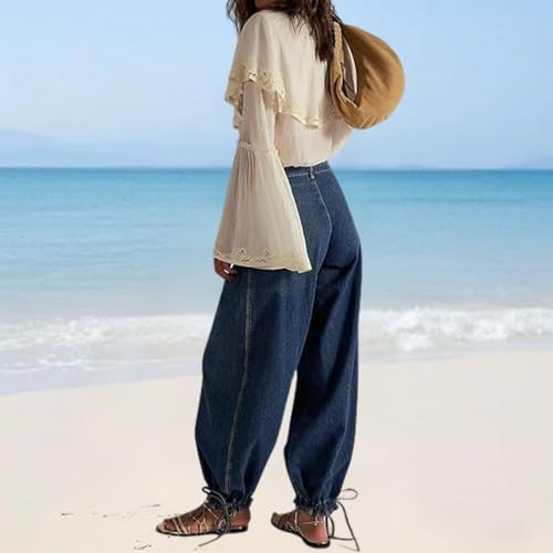 Women's Tube Jeans, Tie Hem Barrel Ruffle Mid High Waist Jeans, Ruffle Pleated Denim Pants with Drawstring and Pockets3