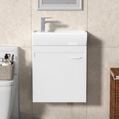 GOFEI Waschbecken mit Unterschrank 40 cm – Gäste WC Waschbecken mit Unterschrank, Wandmontage, Platzsparender Waschtisch mit Tür für kleines Bad, Weiß, Vormontiert & Modernes Design