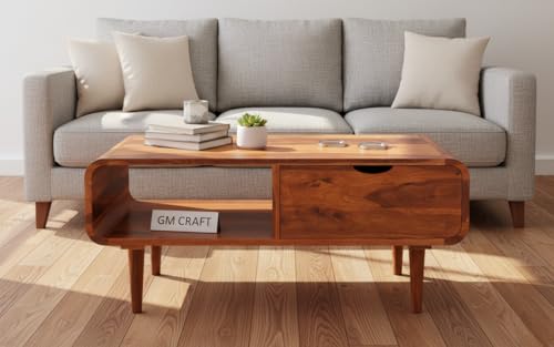 Image of Sheeshsam Wooden Center Coffee Table with Drawer & Shelf - Solid Wooden Coffee Table for Living Room - Tea Table Teapoy Center Piece for Home Sofa Center Table for Living Room (Honey, Scott)