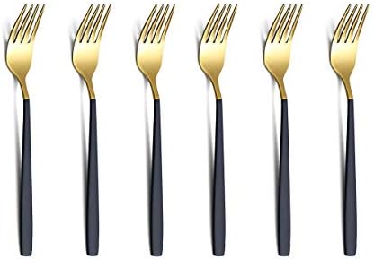 Dessert Forks 6 Pieces Black And Gold Fruit Fork, Homquen 6.3" Modern Design Stainless Steel Tea Fork Set, Small Cake Fork, Fruit Forks Silver For Parties Events Wedding Dishwasher Safe