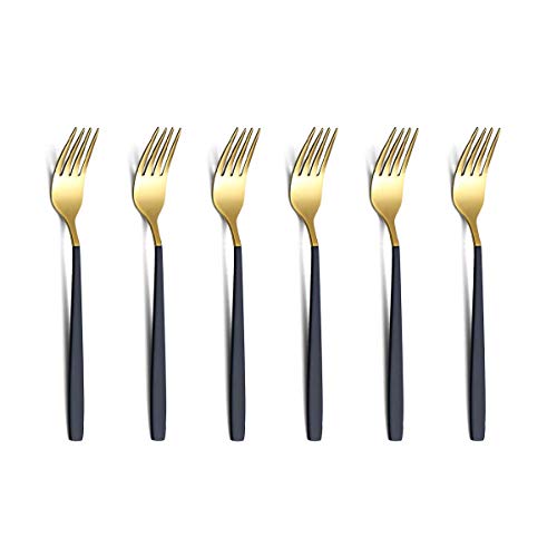 Homquen Dessert Forks 6 Pieces Black And Gold Fruit Fork, Homquen 6.3 Inch Modern Design Stainless Steel Tea Fork Set cover