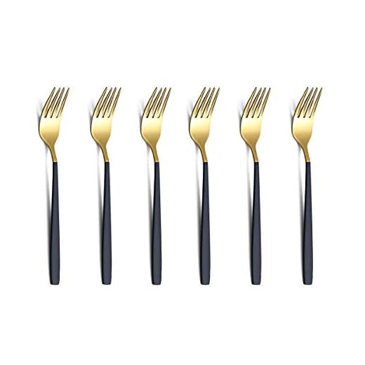 Dessert Forks 6 Pieces Black And Gold Fruit Fork, Homquen 6.3" Modern Design Stainless Steel Tea Fork Set, Small Cake Fork, Fruit Forks Silver For Parties Events Wedding Dishwasher Safe