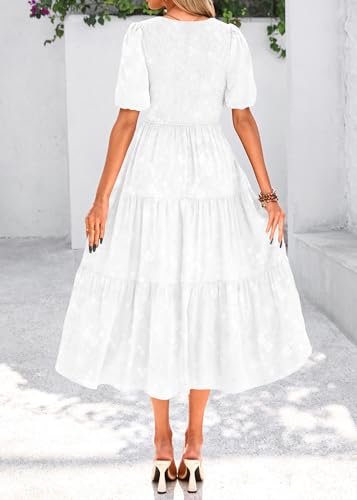 Image of KIRUNDO Womens Summer Dresses Wedding Guest Floral Midi Sundress Short Puff Sleeve Flowy A Line Smocked Tiered Boho Dress