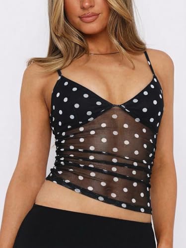 Image of RoseSeek Women's Sheer Mesh Polka Dots Ruched Sexy Summer Cami Crop Tops | See Through, Slim Fit, Graphic Print, Spaghetti, V Neck, Camisole, Going Out Tops, Sexy Tops