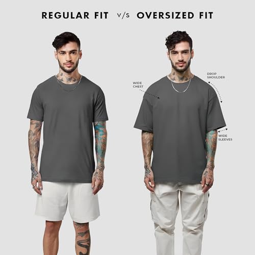 Image of fanideaz Mens 240 GSM Heavy Cotton Acid Wash Oversize T-Shirt Half Sleeve Round Neck Drop Shoulder Oversize Fit