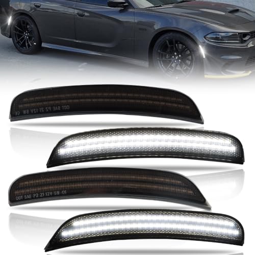 OFFKAT Front & Rear Fender [Ultra-Bright] 2-Row Full LED Side Marker Lights for Dodge Charger RT SXT R/T GT 2015-2023, Smoked Lens Side Bumper Marker Lamps, White LED Side Signal Lights, 4 PCS