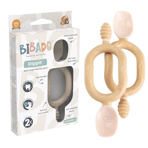 Bibado - Dippit Baby Spoon and Dipper Mint & Blue (2-Pack) - Soft Chewable Dipper & Deep Spoon - Two-Hand Sensory Grip - Baby Weaning Set - Weaning Spoons - Baby Gifts - Baby Essentials - 6 Months+