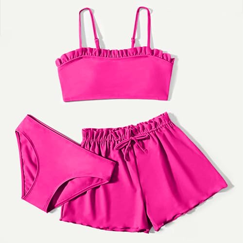 Teen Girl Swimsuit Kids 3 Piece Bathing Suit Solid Color Ruffle Bikini Sets with Shorts Summer Beach Swimwear2