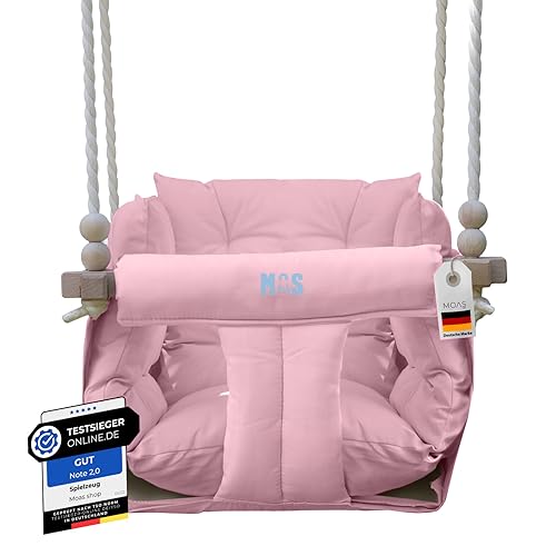 Moas shop Babyschaukel Indoor - Outdoor aus Hainbuche-Holz mit Anker- und Befestigungsmaterialien f&uuml;r die Decke, Babyschaukel Garten, Schaukel Tragf&auml;higkeit bis 50 Kg, Kinderschaukel Indoor, Rosa