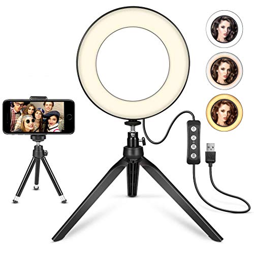 - Anello LED da 6 cm dimmerabile per selfie con 3 modalità di luce treppiede e supporto per telefono per YouTube fotografia trucco live streaming da tavolo