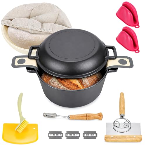 2-in-1 Cast Iron Dutch Oven 32cm with Lid - Bread Baking Pot and Sourdough Starter Kit (Proofing Basket)
