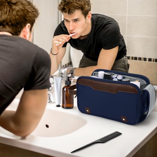 Image of Wedama Toiletry Bag for Men, Large Hanging Travel Toiletry Bag, Extra Electronic Organizer Bag Waterproof Shaving Bag for Toiletries with PU Handle for Travel Business Trips Swim Camping, Blue
