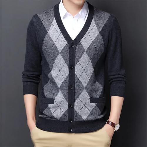 Men's Spring Fall Argyle Patchwork Knit Cardigan V-Neck Smart Slim Fit Knitted Sweatercoat2