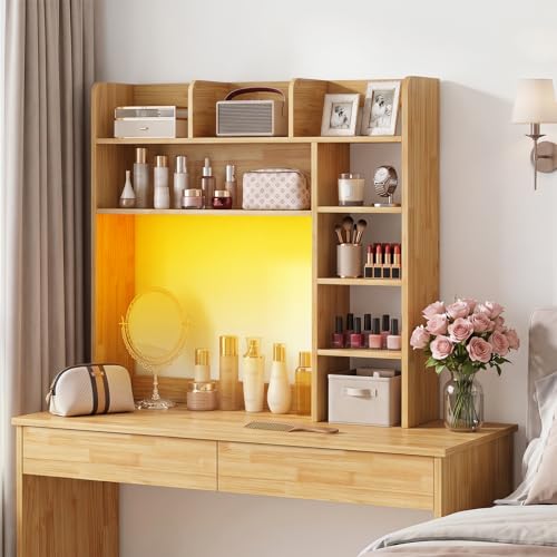 Image of Tangkula Desktop Bookshelf with LED Lights, Desk Hutch with 8 Shelves for Max 25 inch Monitor, Desktop 5-Tier Display Rack, Wood Desktop Storage Hutch Organizer for Dorm Office Home, Burlywood