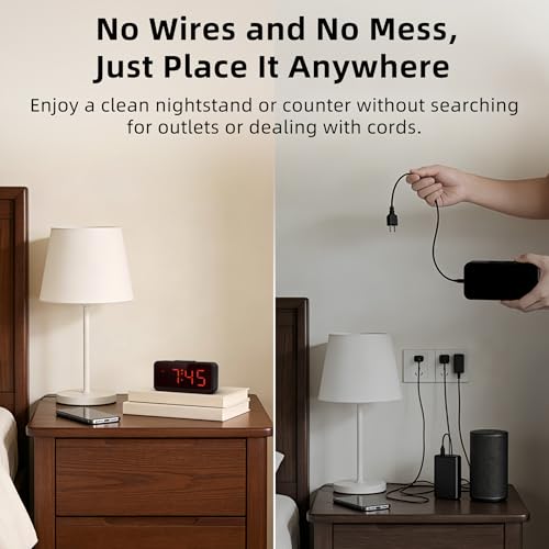 Image of Small Battery Operated Alarm Clock: Long-Lasting Battery Use | Compact Cordless Digital Clock for Bedrooms Desks and Travel - Easy to See with Auto Brightness for Seniors (Red Digits)