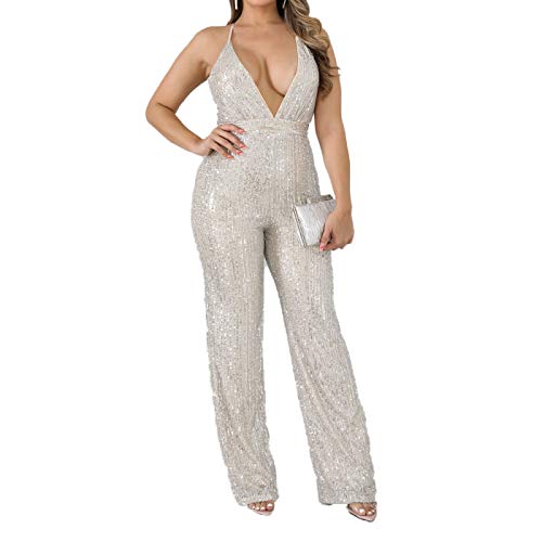 IyMoo Wide Leg Jumpsuits for Women-Sequined Club Outfits Spahgetti Strap V Neck Wide Leg Party Long Romper Playsuits White XL
