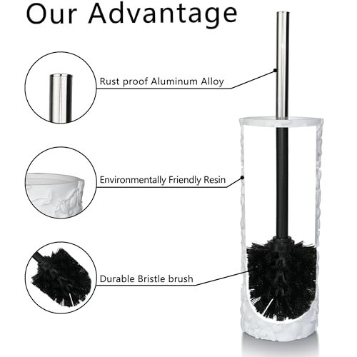 Image of White Floral Design Resin Toilet Bowl Holder and Brush Set, Stylish Bathroom Cleaning Tool with Durable Bristles, Compact and Functional