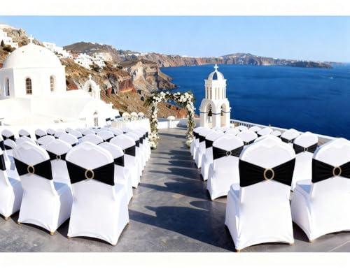 Image of Black Chair Sashes 50 Pack with Gold Buckle Slider, Spandex Sashes for Folding Chairs Wedding Party Banquet Decor