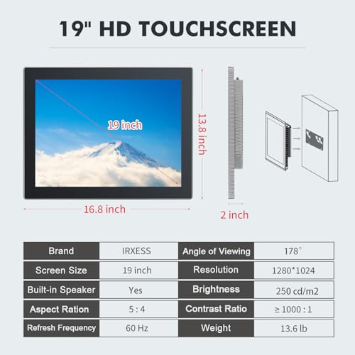 Image of 19 inch Touchscreen Monitor,Ratio 4:3 Wall Mounted Industrial Touch Screen Tablet with HD-MI Out,WiFi & BT,Build-in Speakers & VESA,Android 14 RAM 8G & ROM 128G Suitable for POS,Kitchen