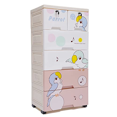 Cbhfmljd Plastic Storage Dresser Tower Cabinet 6 Drawer Clothes Organizer w/Wheel Bedroom, Parrot/Polar Bear Storage Cabinet Closet Drawers 5-Layer Tall Dresser Organizer + Keys (Parrot)