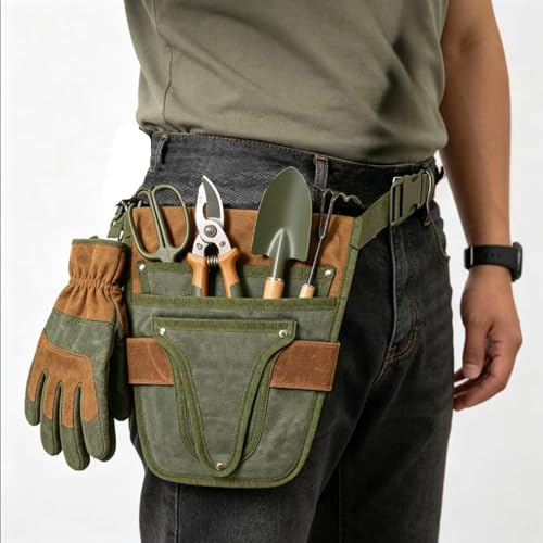 Gardening Tool Pouch for Waist, Hands-Free Canvas Tool Belt with 6 Pockets – Adjustable Waist Apron for Gardening Tools (Gardening Tools NOT Included)-Green