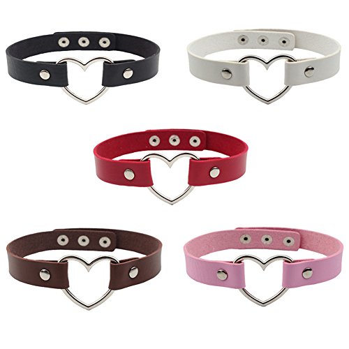 Expression Jewelry 5 Pack of Leather and Heart Choker Necklaces - Five Adjustable Chokers with Metal Heart