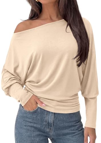 PRETTYGARDEN Womens Off The Shoulder Batwing Long Sleeve Top,Beige,XXL