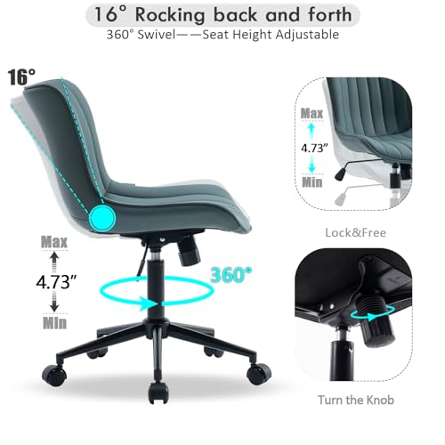 Image of YOUNIKE Office Desk Chair with Wheels Armless Vanity Chair Greyish Green | Faux Leather Upholstered with Rocking Back, Swivel Height Adjustable Small Cute Computer Rolling Task Chair Ergonomic 300lb