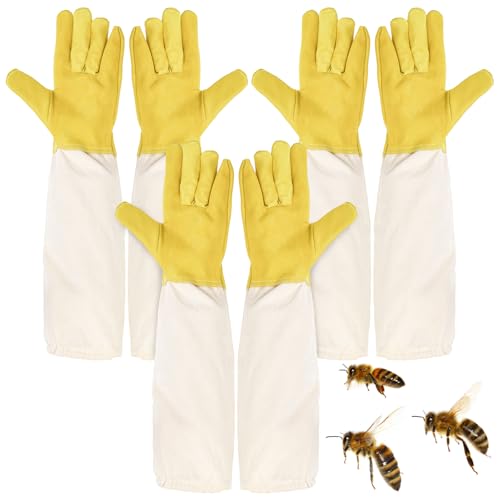 Lawei 3 Pairs Beekeeping Gloves Goatskin Leather Beekeepers Glove with Ventilated Canvas Long Sleeves Thick Protected Bee Glove for the Beginner Beekeeper Hand Protection Elastic Cuffs Vented