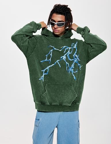 Vamtac Lightning Graphic Hoodies for Men Oversized Unisex Wash Hoodie Y2k Vintage Pullover Hooded Sweatshirt